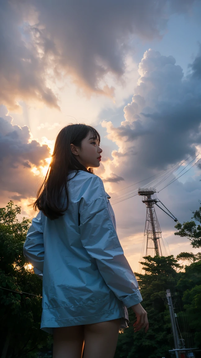 ((crane))、Rainy Sky、((1girl)),from below