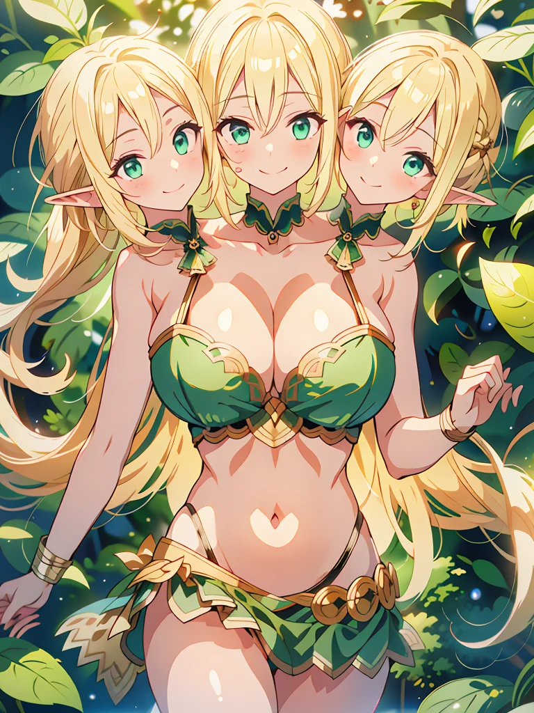 (masterpiece, best quality), best resolution, (3heads:1.5), 1girl, blond hair, green eyes, elf, smile, huge chest, androgynous, open belly, midriff, 