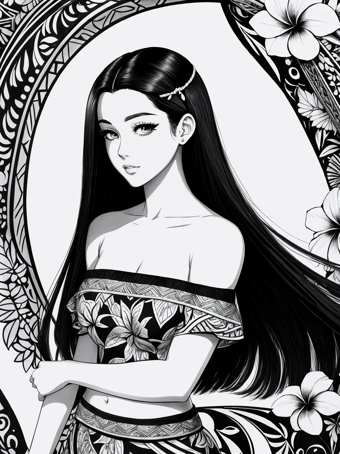 black and white simple drawing, 1 girl with plumeria flowers in the background,((Alone)),((Shoulder length straight long bob hair)), small head,small face,small breasts,Lolita in floral skirt, Its exquisite ink line art, Manhwa Style, Portrait of Polynesian girl, Marilyn Monroe, Hollywood glamour, beautiful line art, black and white manga style, Manhwa Style, comic artstyle, pencil and ink manga, black and white coloring,line art,