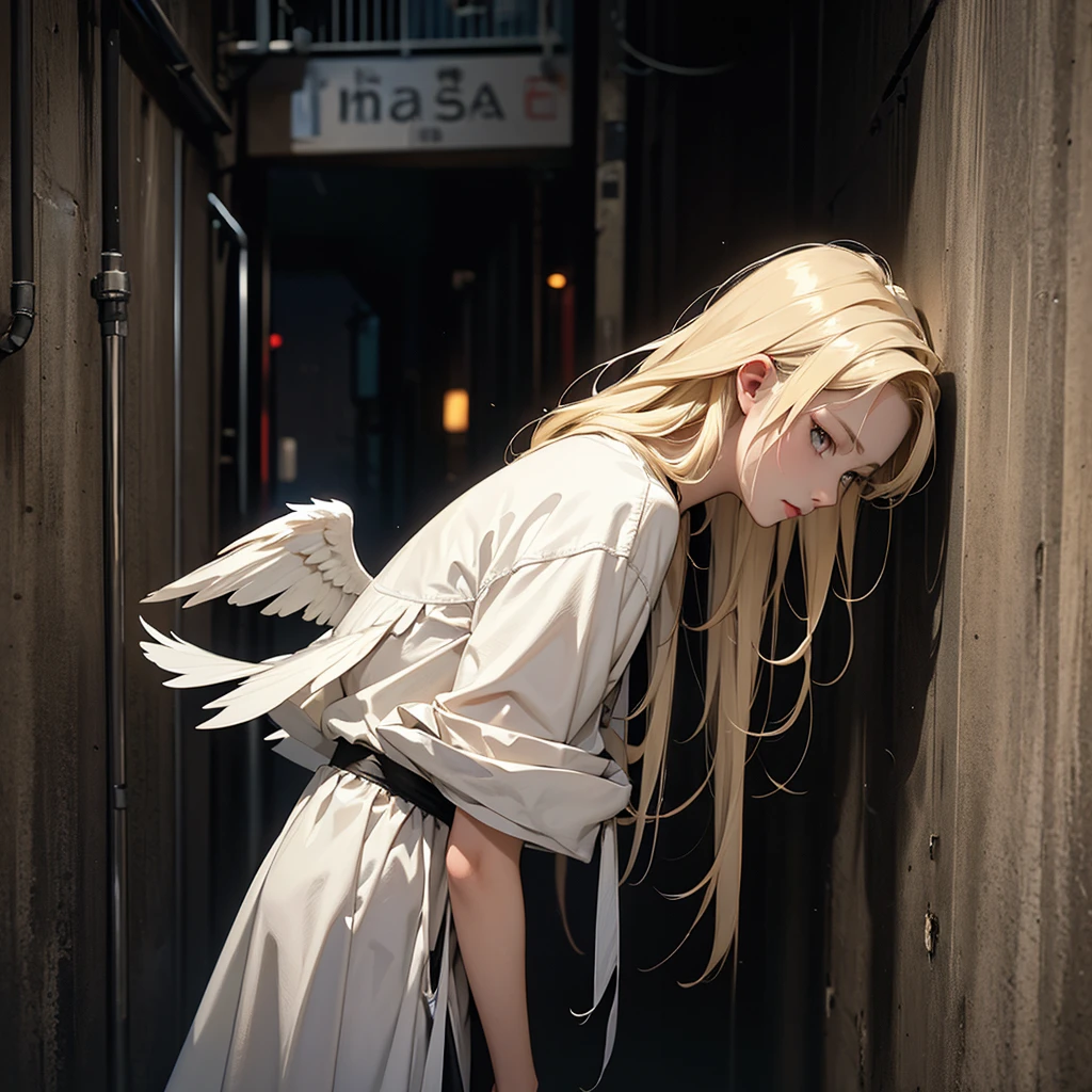 very dark image, angel, injured wings, white eyes, blonde hair, dark alley of the city, leaning on the walls, seriously injured.