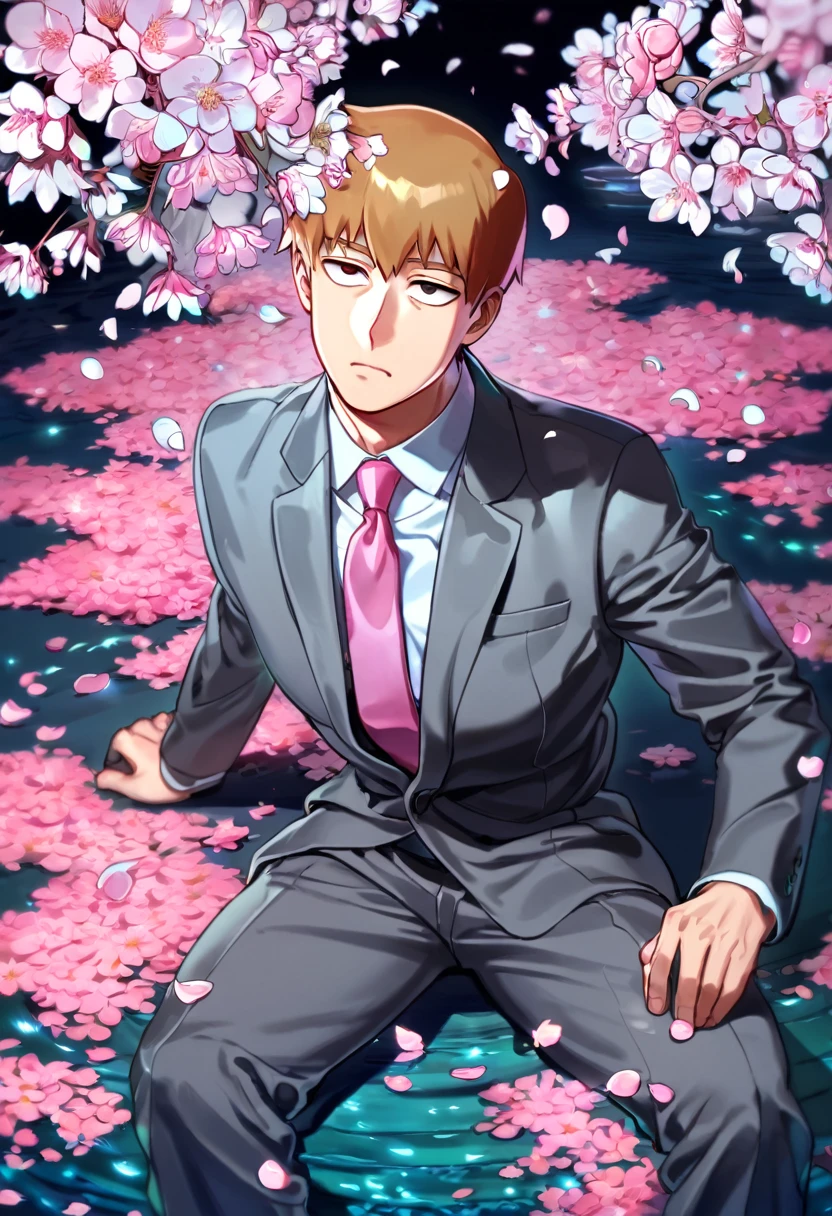 Ultra detailed, Highres, absurdres, HDR, Reigen Arataka, short reddish-blond hair, expressive dark brown eyes, MOB PSYCHO 100, fantasy, petals, dark grey business suit with a pink tie, handsome, sexy man, solo, very detailed eyes and face, master piece, pink flowers, blossoms, pink petals, magical, water, shining blue fireflies, gray pants, sitting