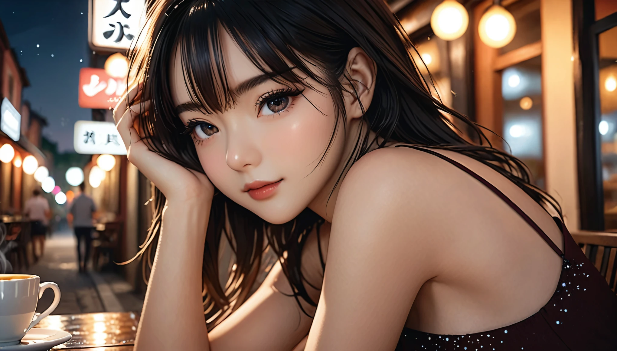 a girl，cute and pretty face，Long straight black hair，Long bangs covering eyes，long eyelashes，(Fine eyes)，small eyes，(half-closed eyes)，(Dark lipstick)，(Dark eyeshadow)，Slim body，Medium breasts，Slender limbs，spaghetti strap dress，outside an old town coffee café，night，clean focus，shallow Depth of Field，Ultra-detailed faces，very beautiful face，soft skin，Extremely high texture skin，Look to viewer，little smirk，beautiful legs，seductive，femainine pose，cinematic lighting，soft lighting，(realistic ，realistic-photo，RAW photo，8K original)，lens flare，film grain，artistic photography，UHD，highres，masterpiece，retina，