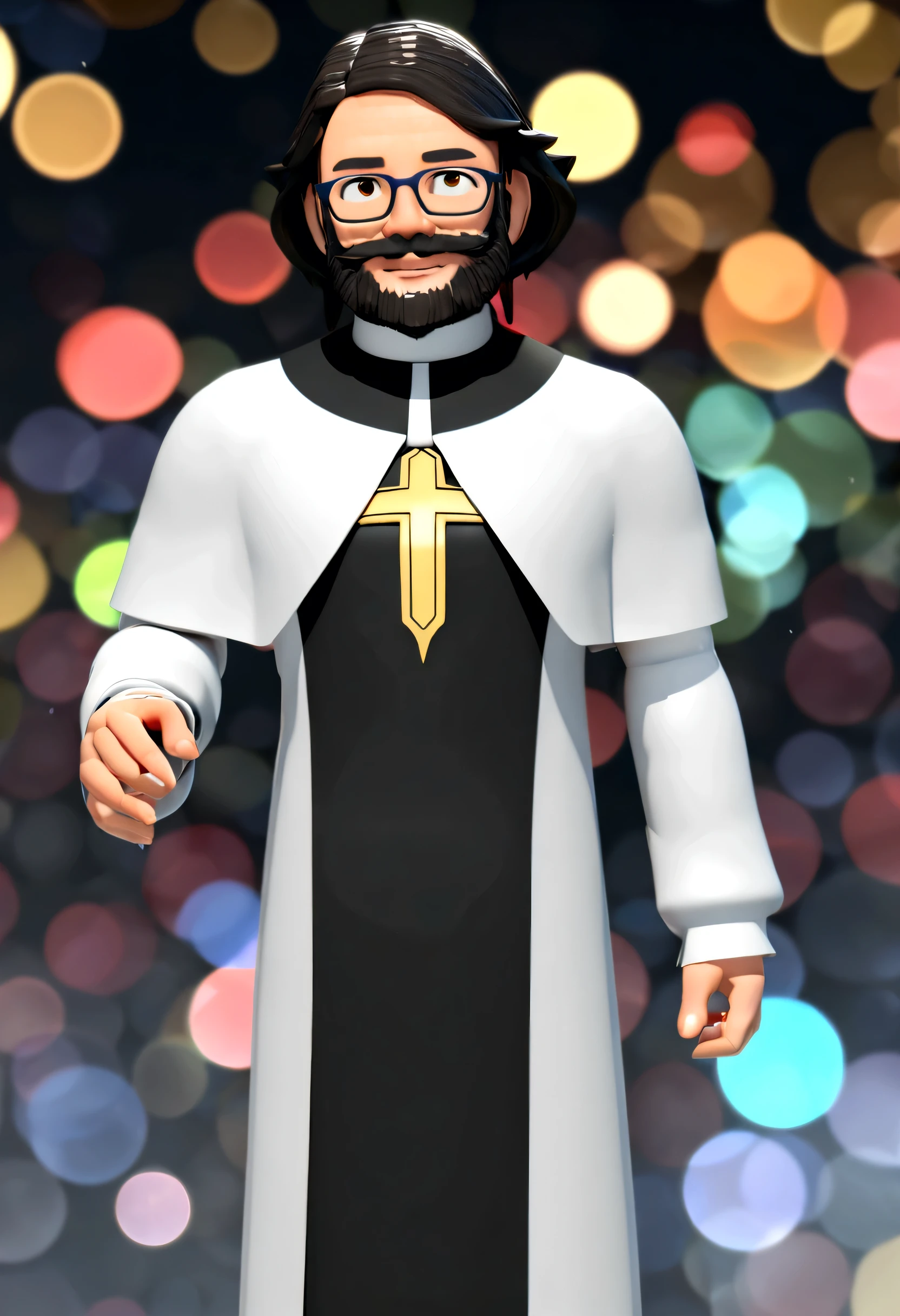 Create an image, Cartoon, 3D, High Quality, pixar, Disney, bishop, priest, catholic priest, wearing liturgical vestments, cassock, glasses, light and simple square, full beard with silver strands and hair combed to the side, cheerful, friendly face and use the attached image as the face of the image Caractere estilizado, renderização de estilo de animação, 3D estilizado, Renderização de Arnold Maya, Renderização 3D estilizada, captura de tela de renderização de toon, Personagem 3D, Personagem 3D, Renderização 3D estilizada, Renderização de personagem 3D, personagem de desenho animado, Personagem de close up, Pose de personagem, (Estilo Pixar) (parte mestre:1.2) (bokeh) (melhor qualidade) (pele detalhada) (textura detalhada) (8K) (argila) (iluminação cinematográfica) (foco nítido,Senta e vaza a parte superior do corpo