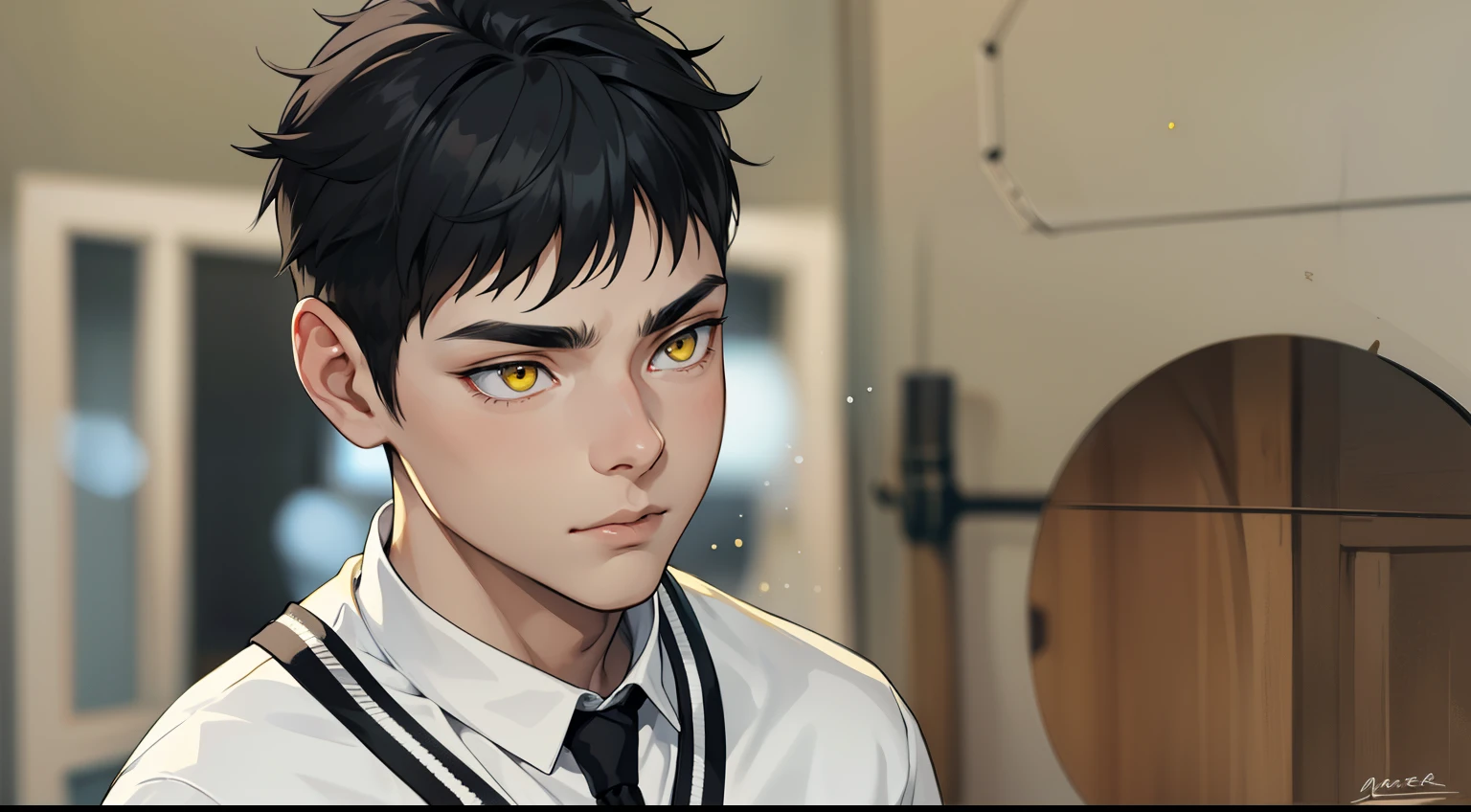 cute 17 year old boy yellow eyes white hair black clothes with yellow he is talking he is cold serious calm