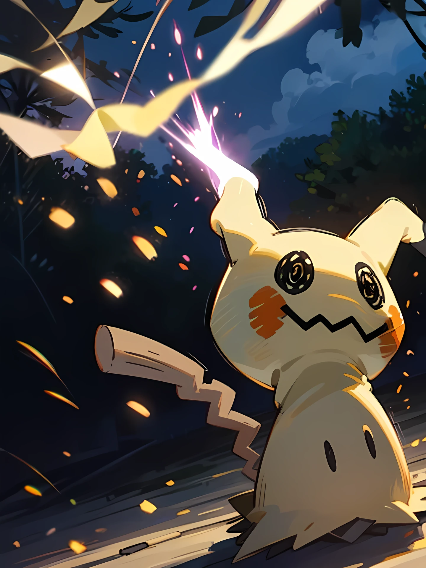 from behind,mimikyu_Pokemon, night、Summer festival、firework,no humans,