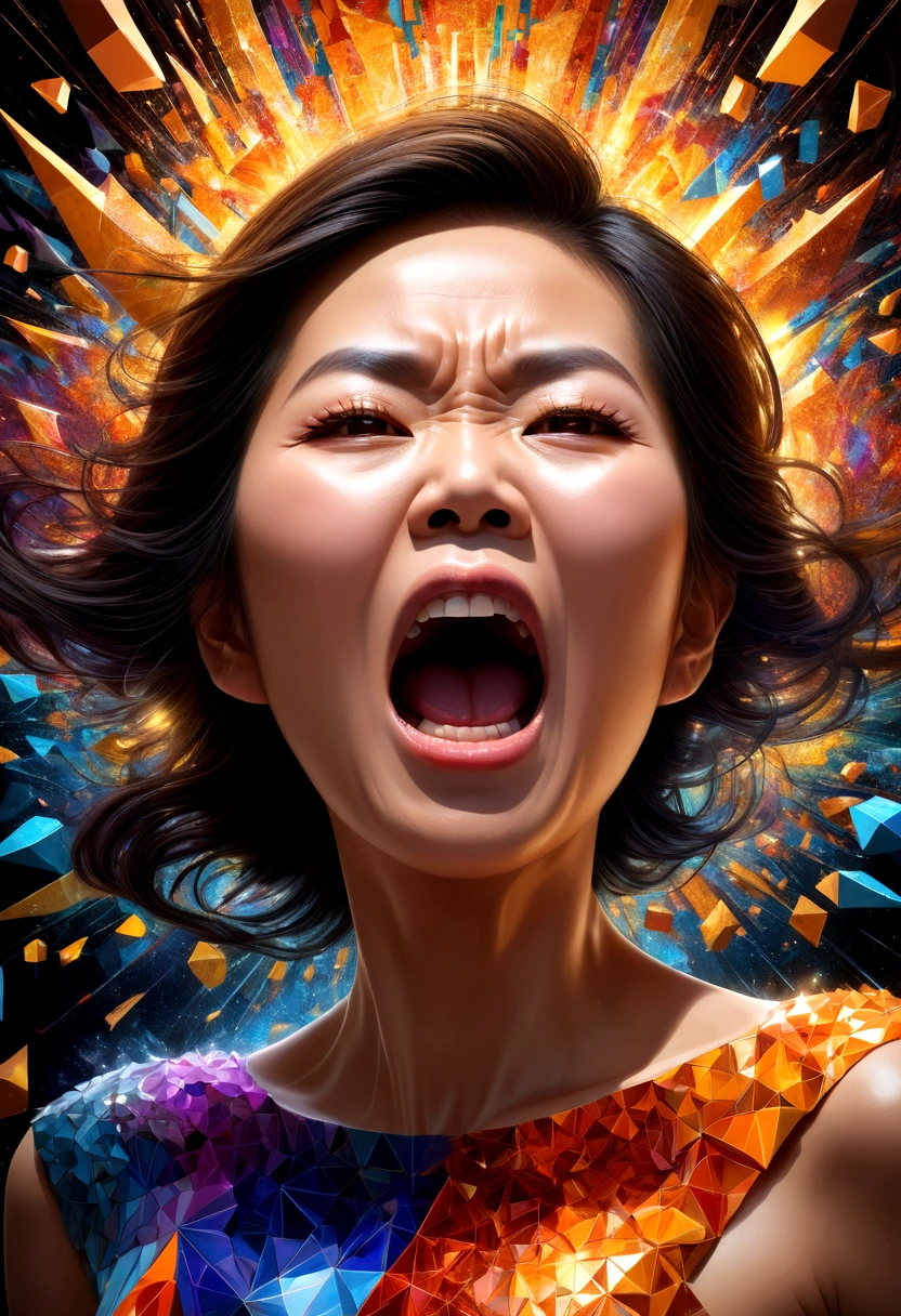 Thai women's faces(Only the face that opened its mouth very wide screamed in anger.),Explosion of body parts into 3D cubes , Mosaic art, masterpiece, bright colors, , Highly detailed, , fractal art, , 8K, geometric concept art, sharp line,The background is an explosion of geometric bars.