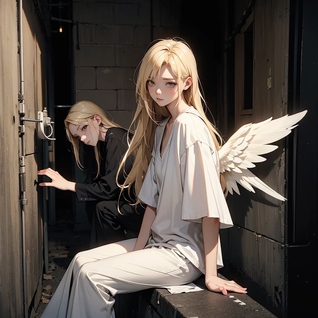 very dark image, angel, injured wings, white eyes, blonde hair, dark alley of the city, leaning on the walls, seriously injured.