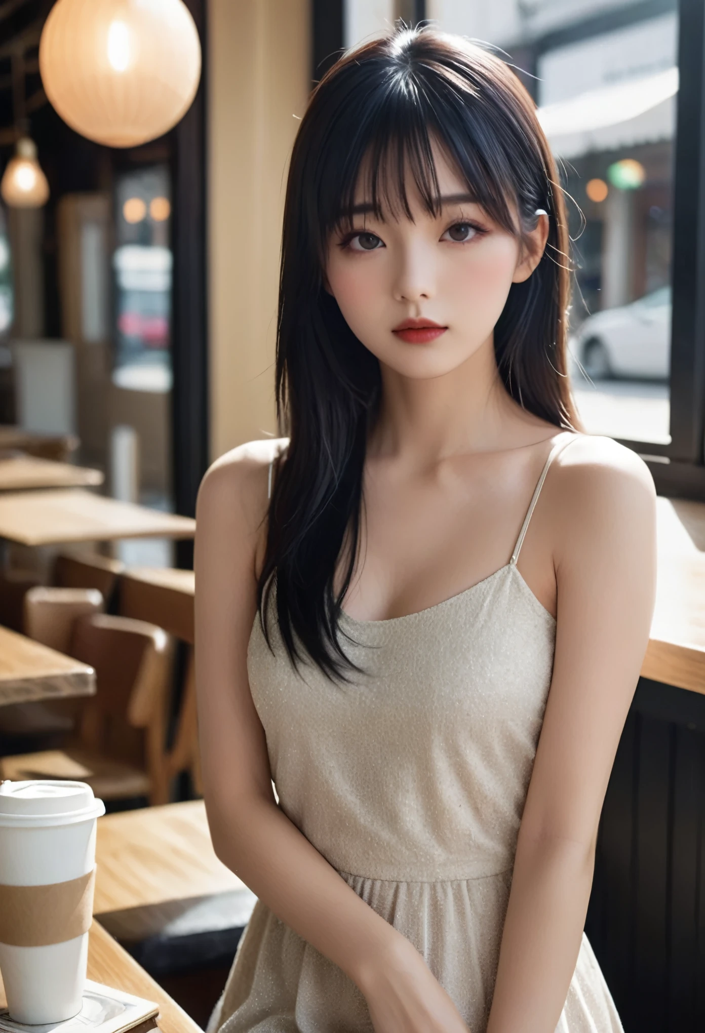 a girl，cute and pretty face，Long straight black hair，Long bangs covering eyes，long eyelashes，(Fine eyes)，small eyes，(half-closed eyes)，(Dark lipstick)，(Dark eyeshadow)，Slim body，Large breasts，Slender limbs，spaghetti strap dress，Inside an old coffee shop，clean focus，shallow Depth of Field，Ultra-detailed faces，very beautiful face，Extremely high texture skin，Look to outside，beautiful legs，seductive，femainine pose，(realistic ，realistic-photo，RAW photo，8K original)，lens flare，film grain，artistic photography，UHD，highres，masterpiece，retina，