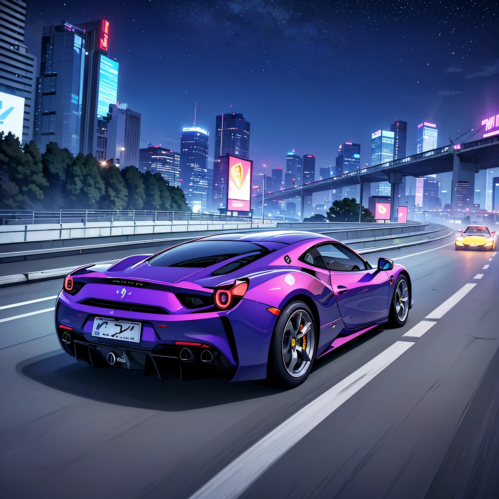 (Highest quality, 8K, masterpiece :1.2), Ultra-realistic, cyber punk, In the mountains, A detailed purple Ferrari 488, Speeding on the highway, (Facing the audience), Blue skyscrapers in the background, At night,