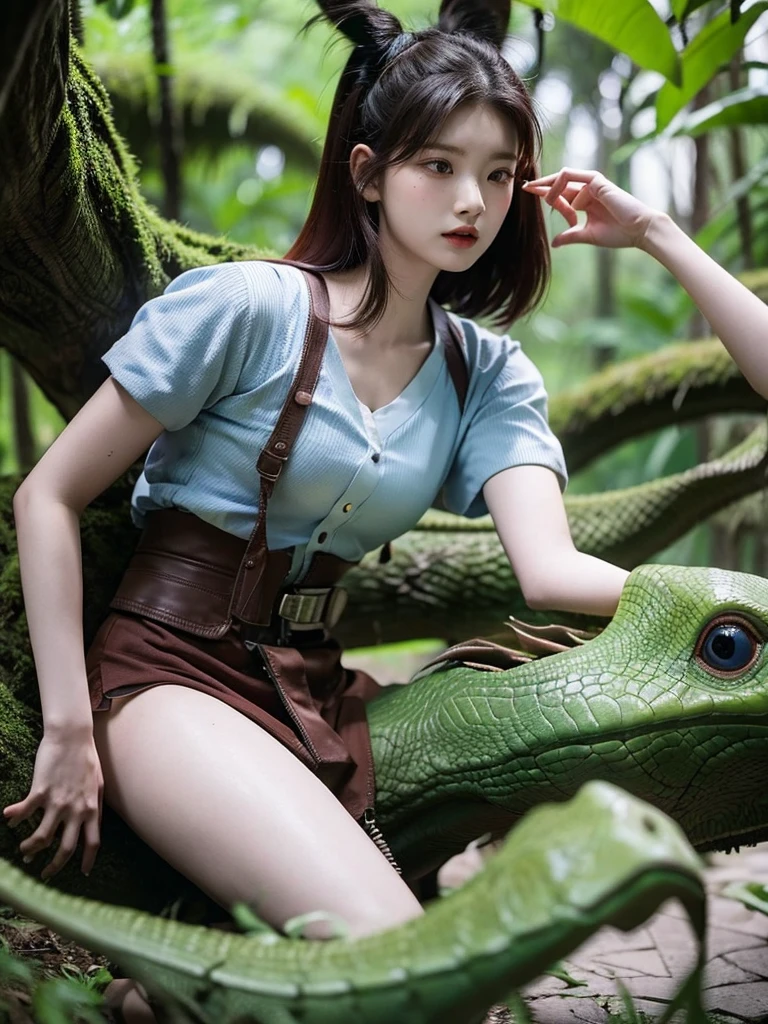 Chica linda como wang yiren, in jurassic park jurassic park with a little dinosaur.
