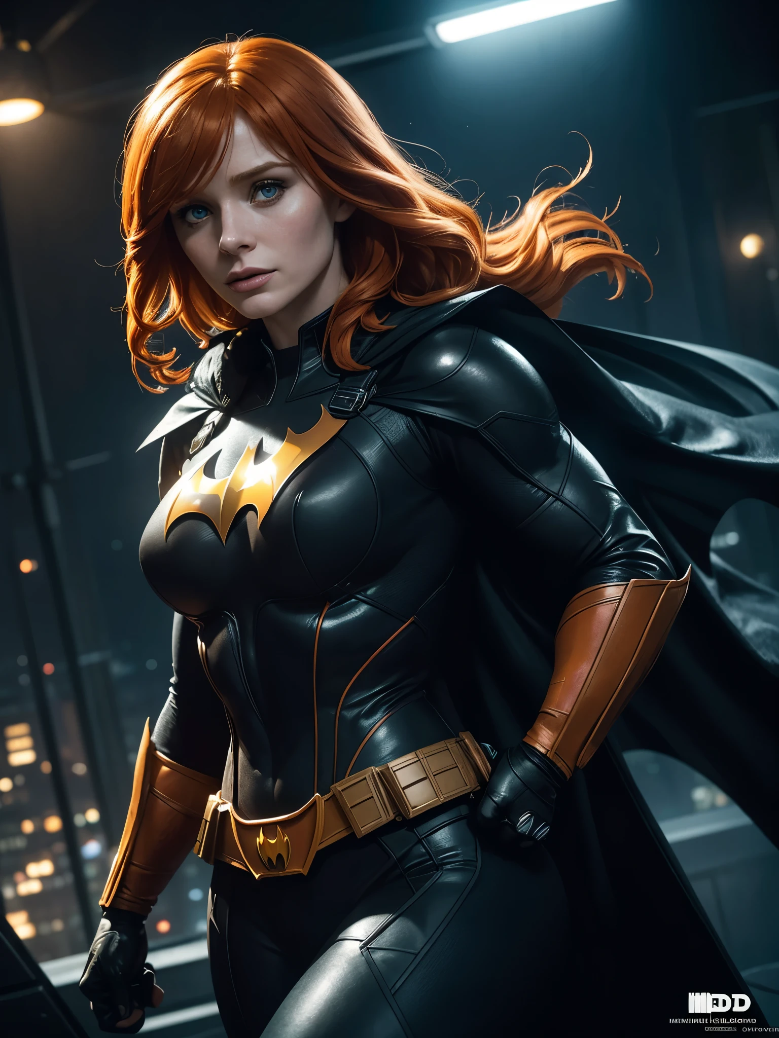 a photo of bryce dallas howard as batgirl from the dc comics universe,orange hair,clear eyes,wearing a vigilante costume with the batman symbol on the chest, (cover), looking at the camera,photorealistic,ultra-detailed,highly detailed,studio lighting,sharp focus,professional photography,hdr,masterpiece,hyperrealistic,cinematic lighting,dramatic pose