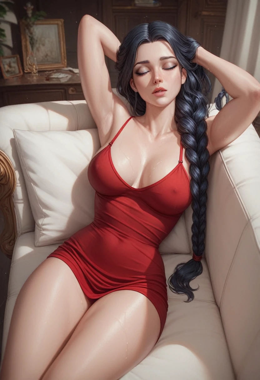 Masterpiece, best quality, castlevania style,solo ,1girl,soft detailed hair strands,Big braid,long black hair,red transparent camisole, breasts, thighs,sweaty, lie down on the sofa,semi closed eyes, blue eyes , begging for sex