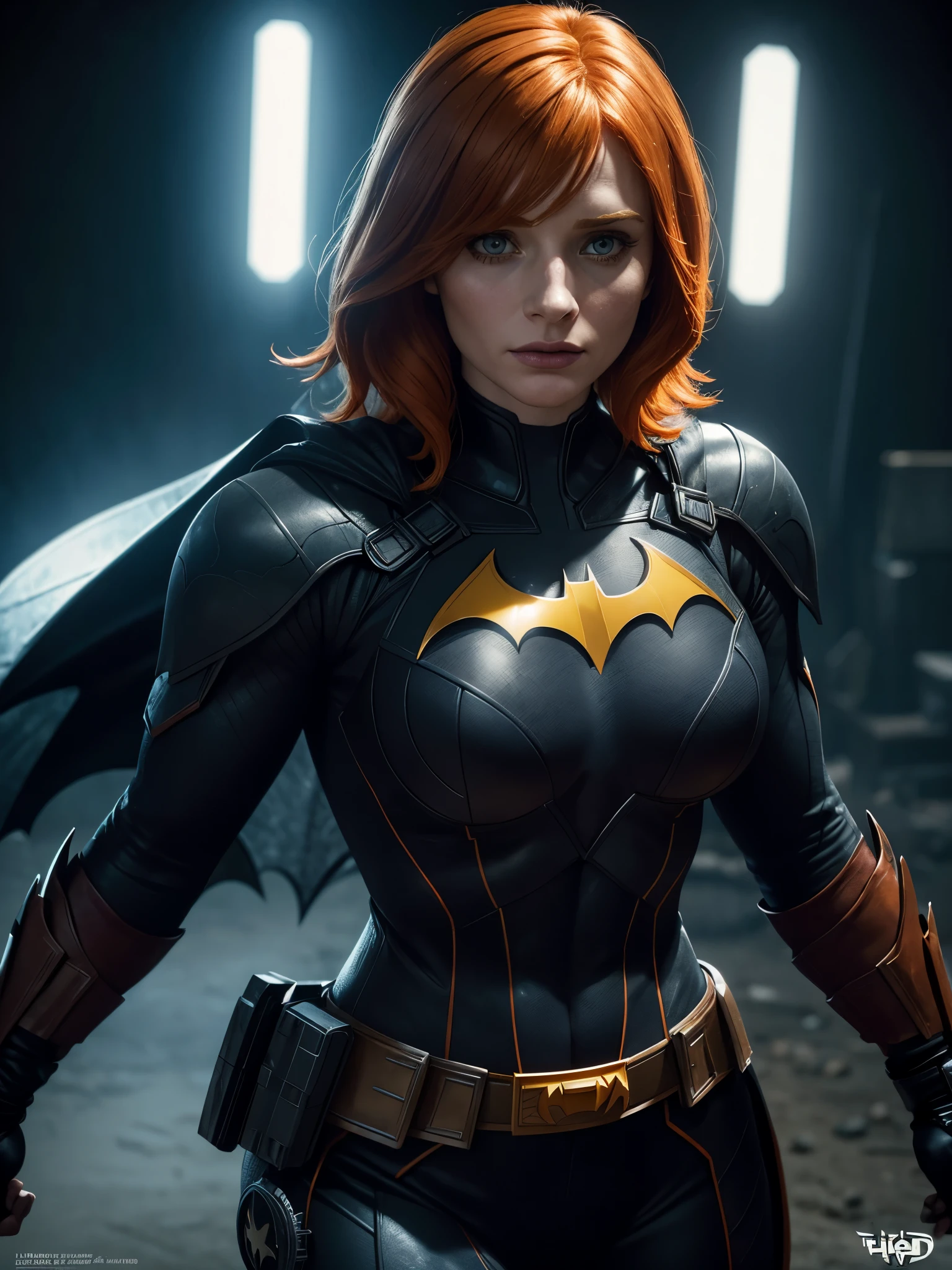 a photo of bryce dallas howard as batgirl from the dc comics universe,orange hair,clear eyes,wearing a vigilante costume with the batman symbol on the chest, (cover), looking at the camera,photorealistic,ultra-detailed,highly detailed,studio lighting,sharp focus,professional photography,hdr,masterpiece,hyperrealistic,cinematic lighting,dramatic pose