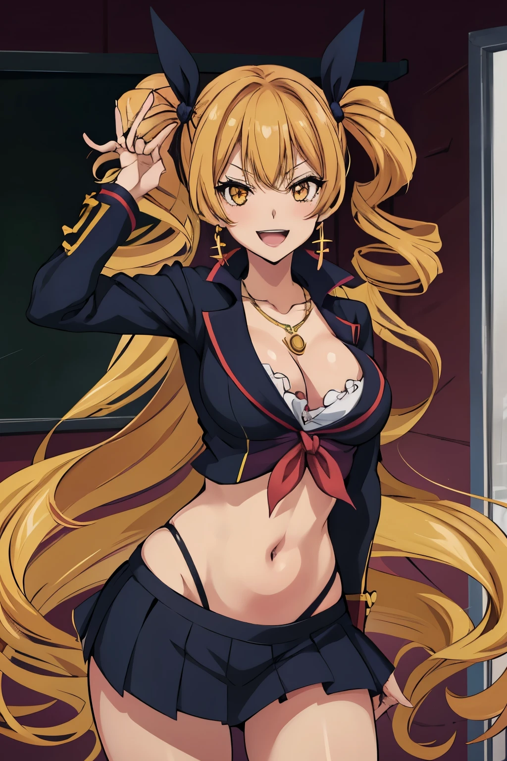anime,
(1girl, solo), (beautiful detailed girl),
Mariabell Crois, yellow hair, drill hair, twin drills, (long hair:1.1), very long hair,, hair ornament, orange eyes, medium breasts, earrings, necklace, jewelry,
smug, smile, blush, lipstick, masterpiece, best quality, highly detailed, a anime girls in sailor uniforms with a gun posing for a picture,
evil smile, smile, open mouth,black_serafuku, ecchi anime style, anime girls , (nsfw) not safe for work,
ecchi style, ecchi, shipgirls, digital anime art!!, high school girls, holding a gun, hold a gun, anime style 4
k, micro skirt, exposed belly, exposed navel, exposed midriff,
exposed lower belly,school, classroom
