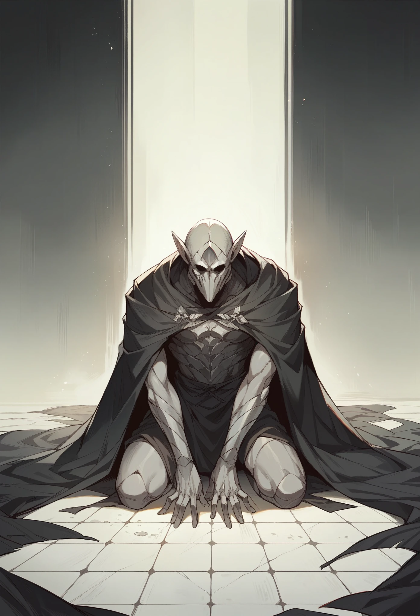 Create a gray person agonizing over a mind-invading ritual, minimalist kneeling on the floor, something darker with dark scenery