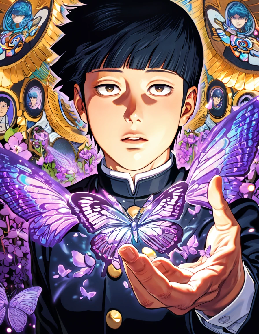 absurdres, highres, ultra detailed, HDR, master piece, best quality, Kageyama Shigeo, black hair, expressive brown eyes, mob psycho 100, solo, sexy man, handsome, Japanese black uniform, magical, fantasy, shining, purple flowers, purple blossoms, purple butterflies, purple petals