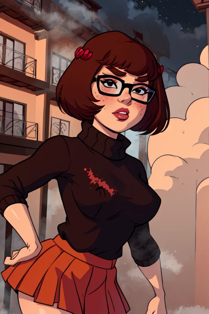 1girl, Velma from scooby-doo, solo, skinny, brown hair, black eyes, square glasses, orange turtleneck blouse and red skirt,  eyeliner, looking at viewer, lips, black bob cut, blunt bangs, blush, standing, upper body, face focus, outdoors, horror \(theme\), night, fog egirlmakeup, 