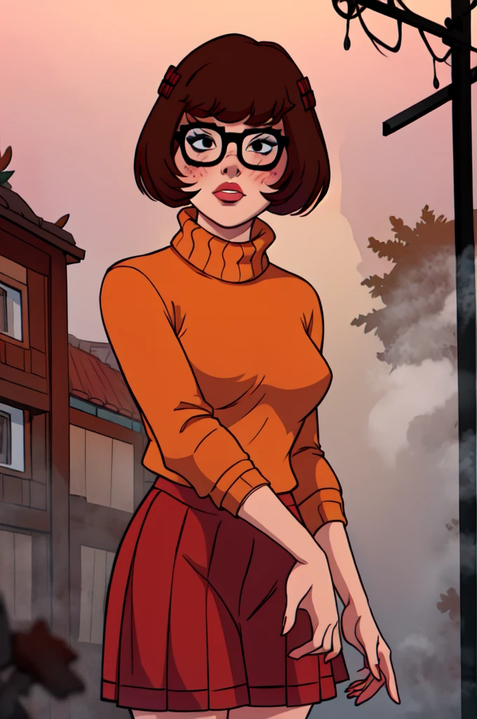 1girl, Velma from scooby-doo, solo, skinny, brown hair, black eyes, square glasses, orange turtleneck blouse and red skirt,  eyeliner, looking at viewer, lips, black bob cut, blunt bangs, blush, standing, upper body, face focus, outdoors, horror \(theme\), night, fog egirlmakeup, 