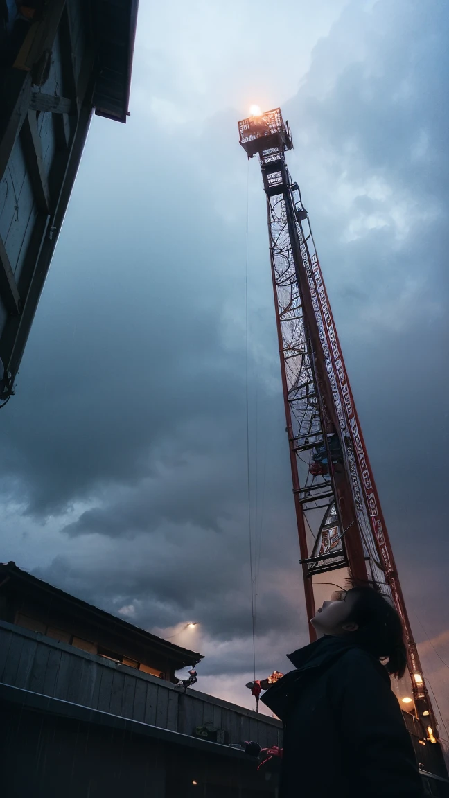 ((crane))、Rainy Sky、((1girl)),from below