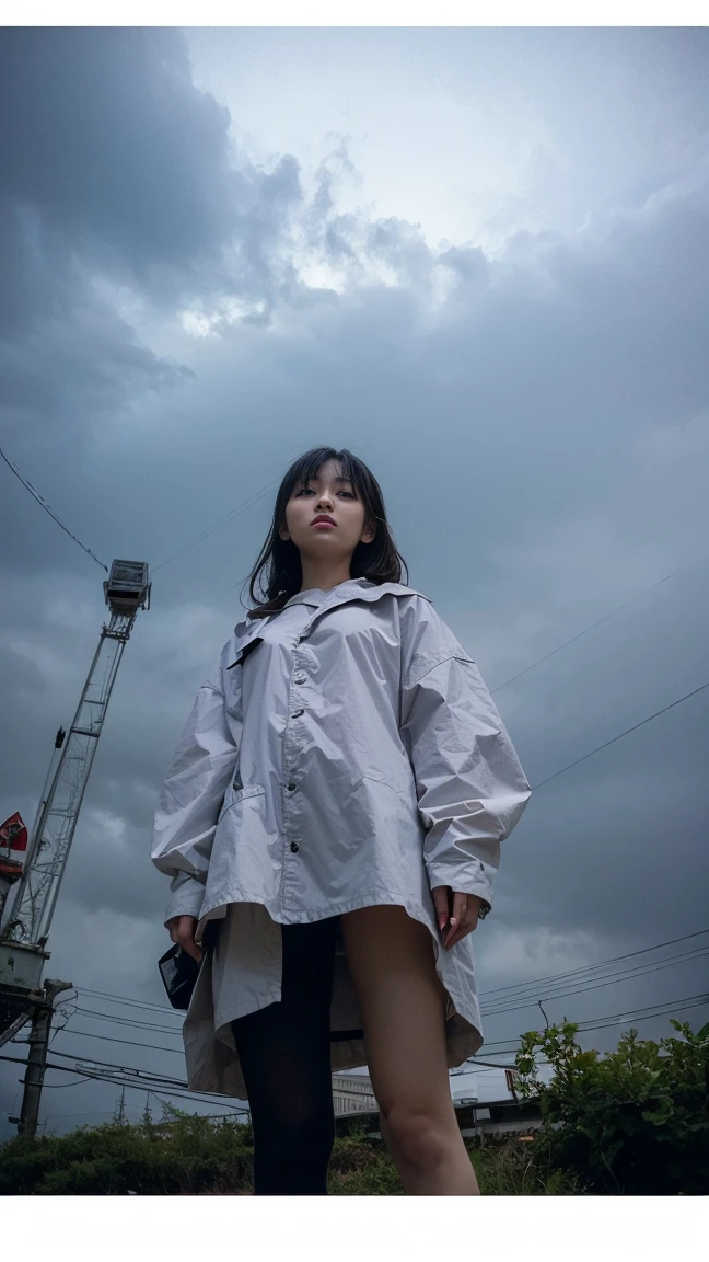 ((crane))、Rainy Sky、((1girl)),from below