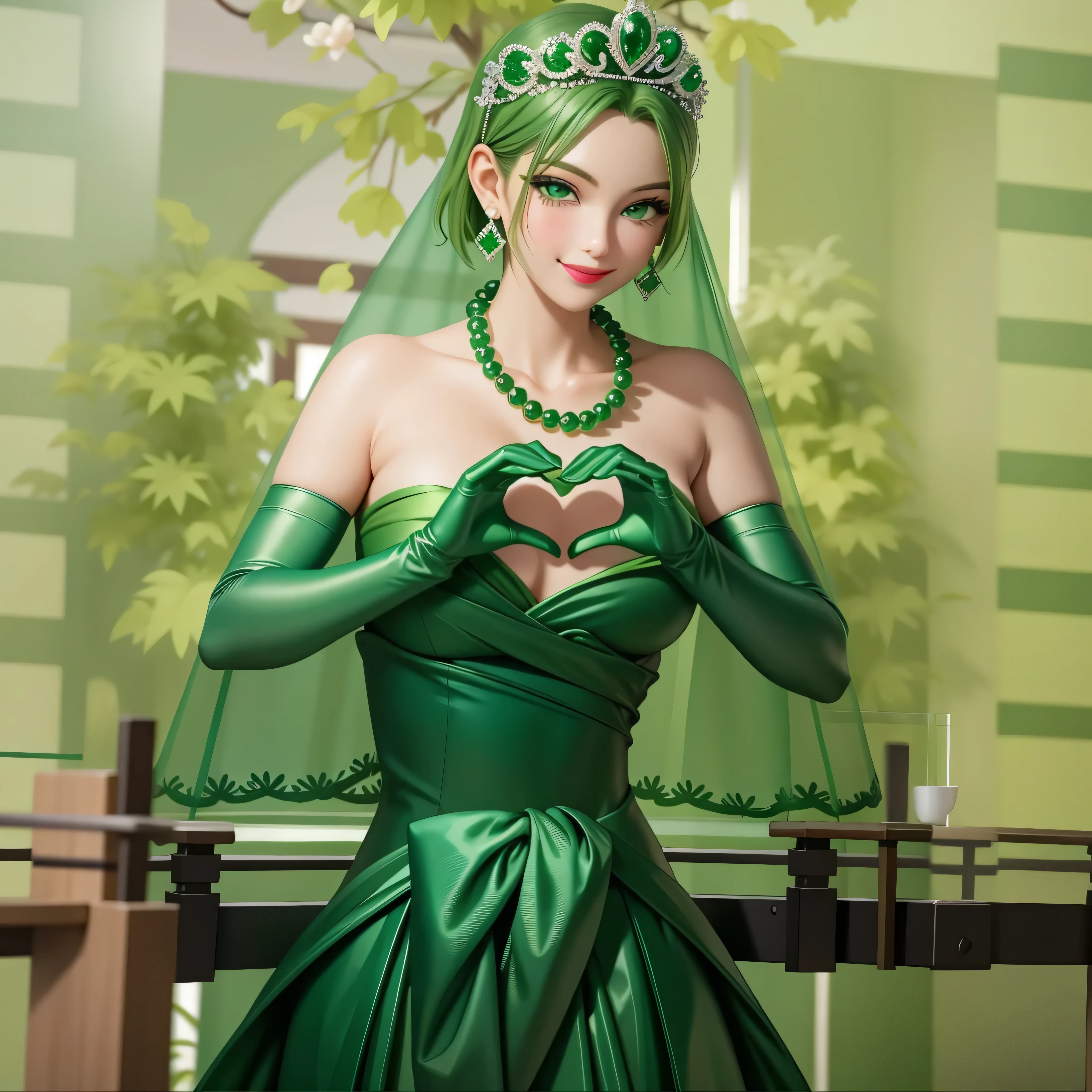 emerald tiara, Green Pearl Necklace, Boyish very short green hair, Green Lips, Smiling Japanese woman, Very short hair, Busty beautiful lady, Green Eyes, Green satin long gloves, Green Eyes, Emerald Earrings, Green veil, Heart with both hands, Green Hair, Beautiful Japanese Women, Heart shaped hands:1.3, green lip gloss