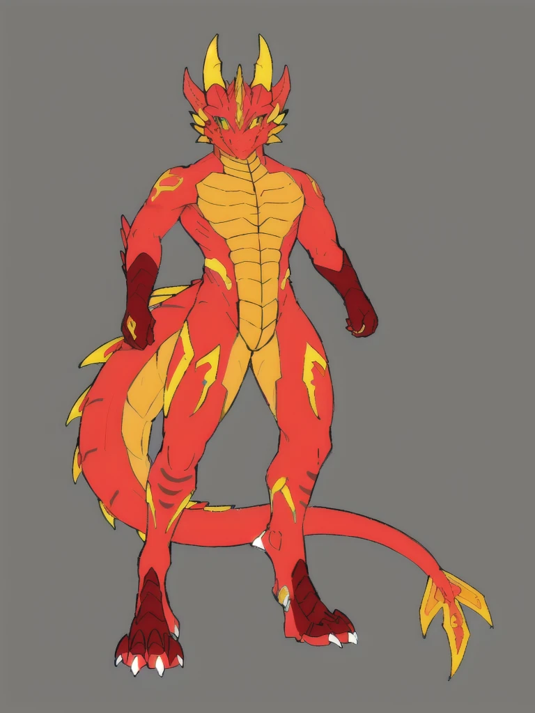 there is a drawing of a red and yellow dragon with yellow tail, full body dragon concept, young male anthro dragon, fire!! full body, human and dragon fusion, as an anthropomorphic dragon, draconic looking armor, but as an anthropomorphic dragon, male robotic anthro dragon, full body adoptable, full body concept