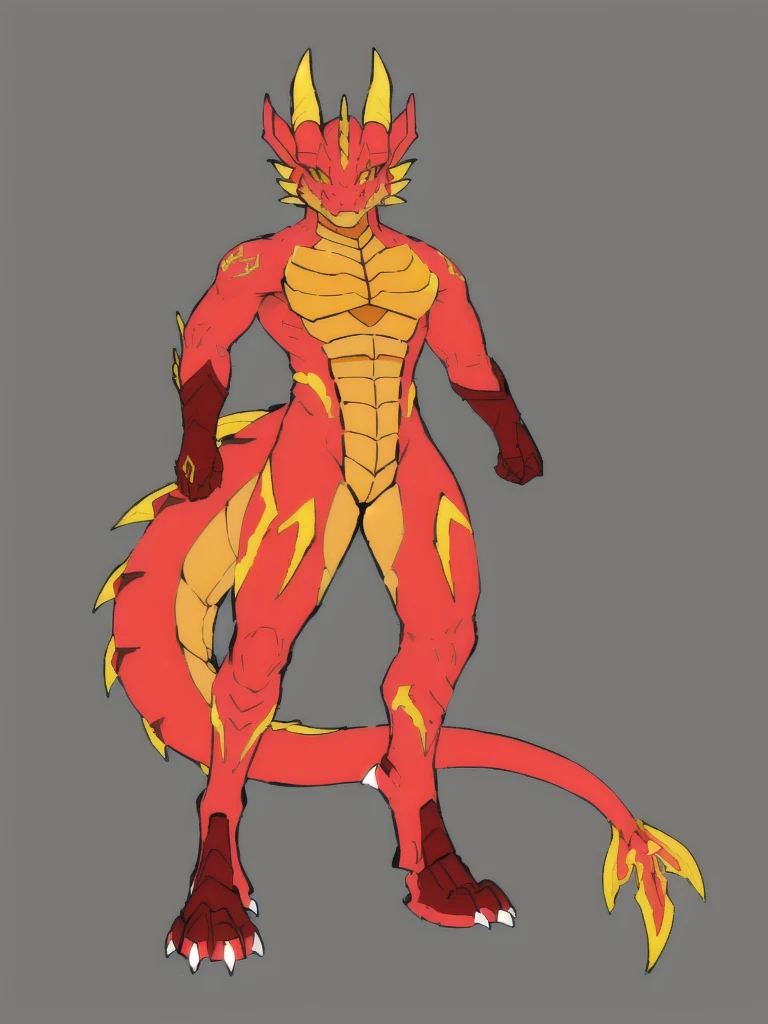 there is a drawing of a red and yellow dragon with yellow tail, full body dragon concept, young male anthro dragon, fire!! full body, human and dragon fusion, as an anthropomorphic dragon, draconic looking armor, but as an anthropomorphic dragon, male robotic anthro dragon, full body adoptable, full body concept