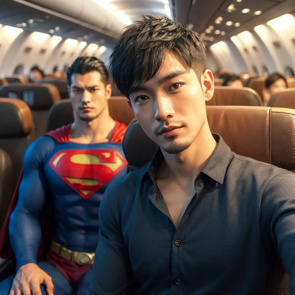 3d hyper realistic of an asian man ,25 years old,rambut short and spiky, wearing a dark blue shirt ,black trousers sat in an economy class plane next to him sat a superman ,the two of them talked to each other, the atmosphere was comfortable and there were lots of passengers,warm,4k,UHD,cinematic, ultra realistic