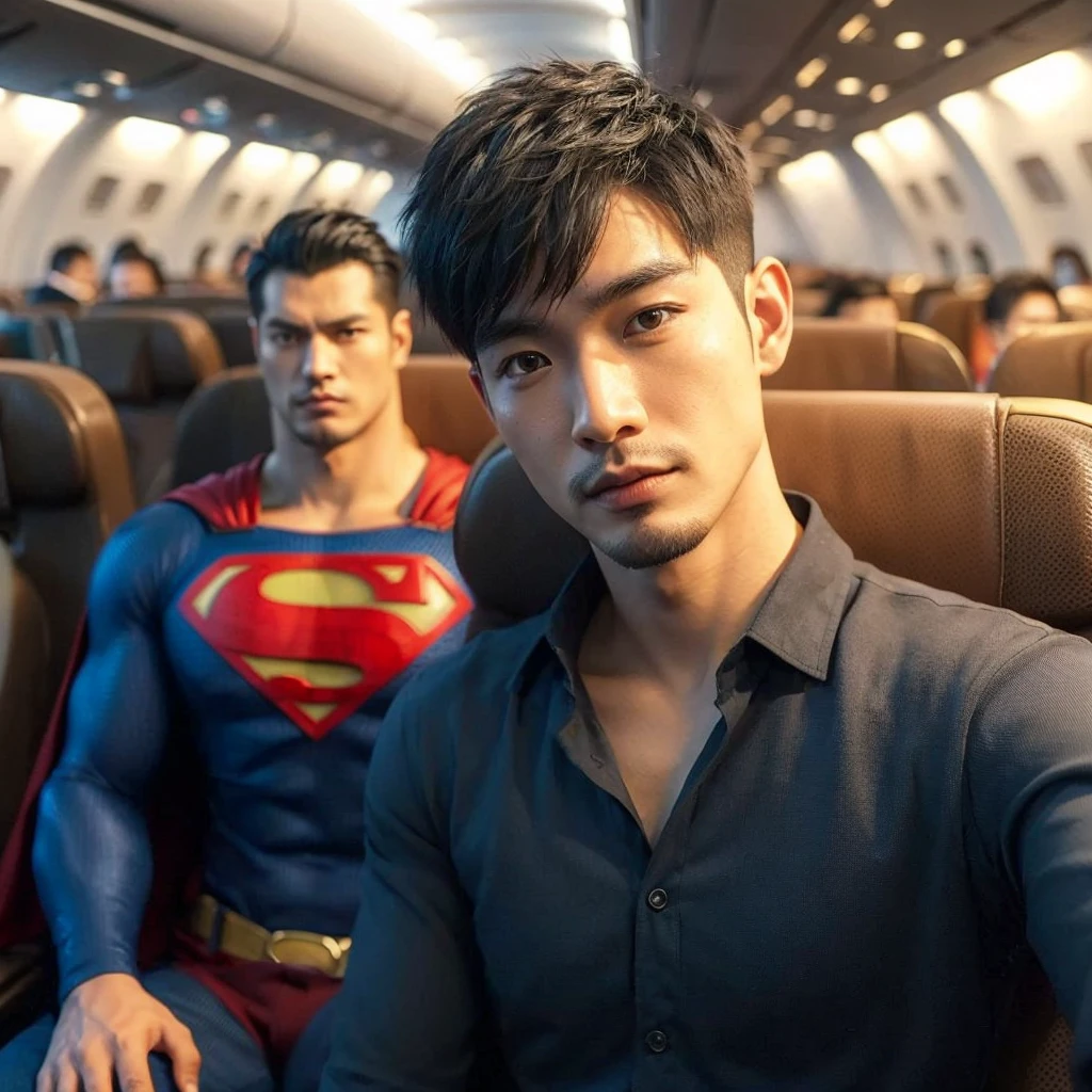 3d hyper realistic of an asian man ,25 years old,rambut short and spiky, wearing a dark blue shirt ,black trousers sat in an economy class plane next to him sat a superman ,the two of them talked to each other, the atmosphere was comfortable and there were lots of passengers,warm,4k,UHD,cinematic, ultra realistic
