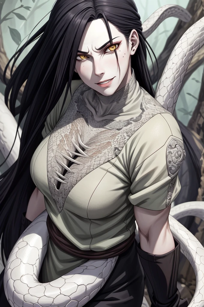 {-erro_de_anatomia:1.0} estilo anime, Masterpiece, absurdities, Orochimaru\(Naruto\), 1girl Solo, Mature woman, Oversized shirt with broad shoulders, Perfect composition, Detailed lips, large breasts, Beautiful face, body proportion, Blush, Long black hair, ( black hair), yellow eyes, Soft gauze, Super realistic, Detailed, photo shoot, Realistic faces and bodies, masterpiece, best quality, best ( white snake) illustration, hyper detailed, 1 girl, solo, glamorous, blushing, whole body,