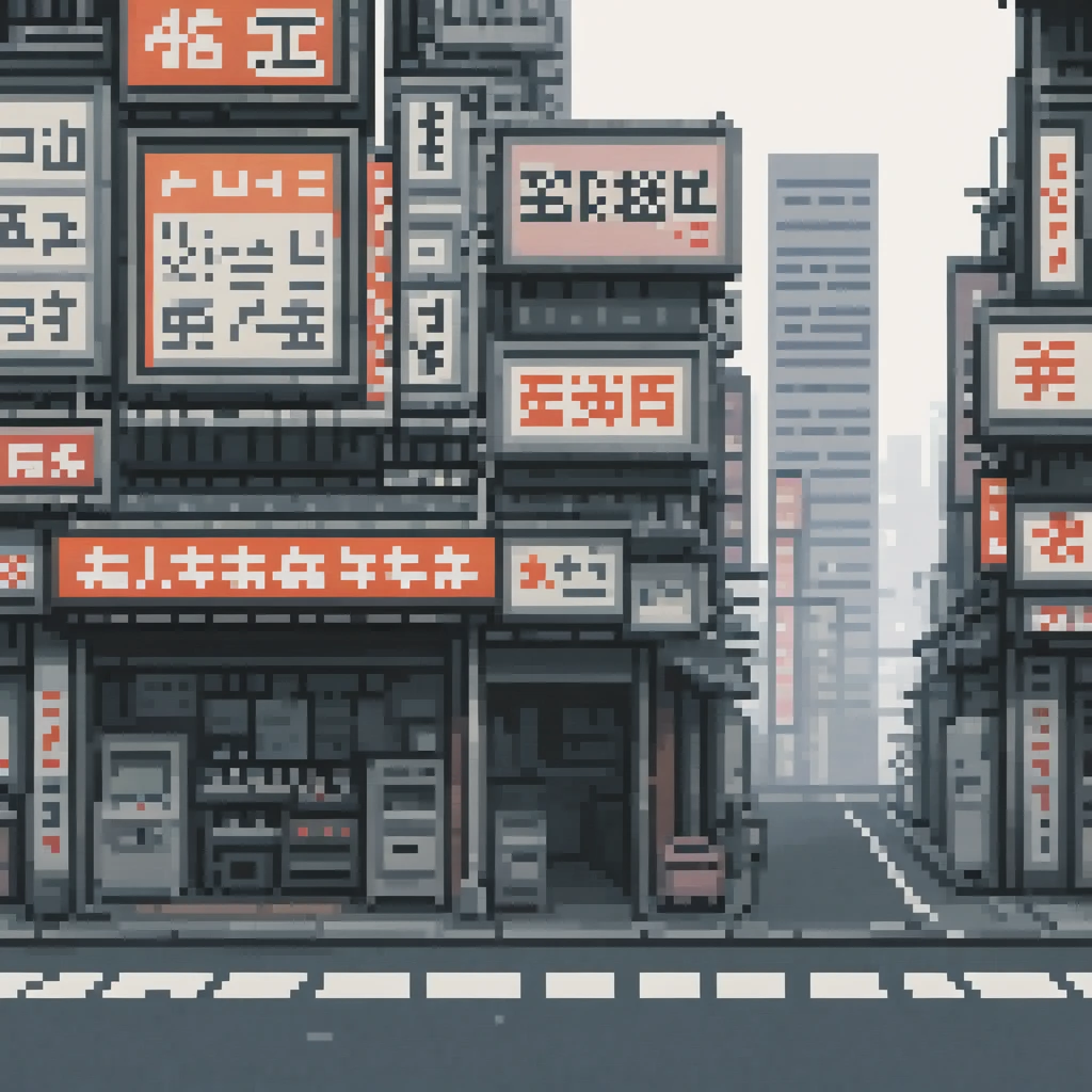 pixel art, 258 bits, sheet of several empty 2d side buildings in Shinjuku with buildings behind
