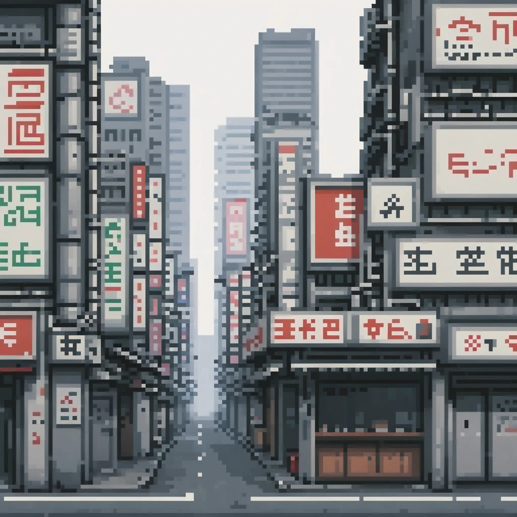 pixel art, 258 bits, sheet of several empty 2d side buildings in Shinjuku with buildings behind