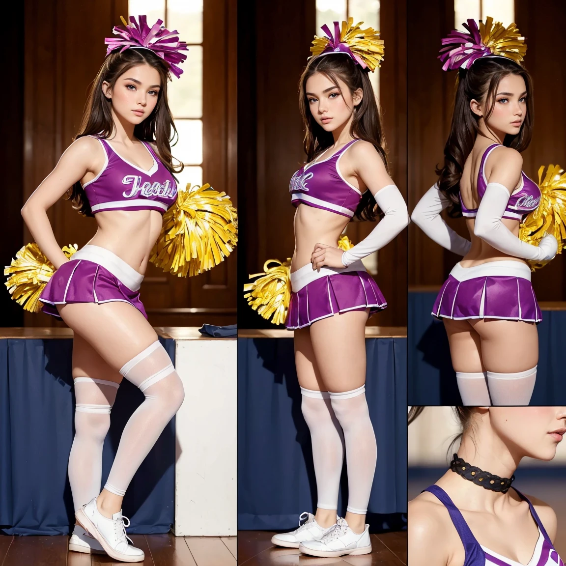(masterpiece, best quality), ultra detailed, high resolution, 16k, the most beautiful face in the world, perfect face, delicate facial features, highly detailed beautiful face and eyes, shiny skin, highly detailed background, elaborately designed, fine cloth texture, BREAK, (gorgeous and stunning age popular cheerleader:1.5), (perfect make-up:1.3), loving look, (full body:1.6), (three view drawing, front and back and side, character sheet:1.2)