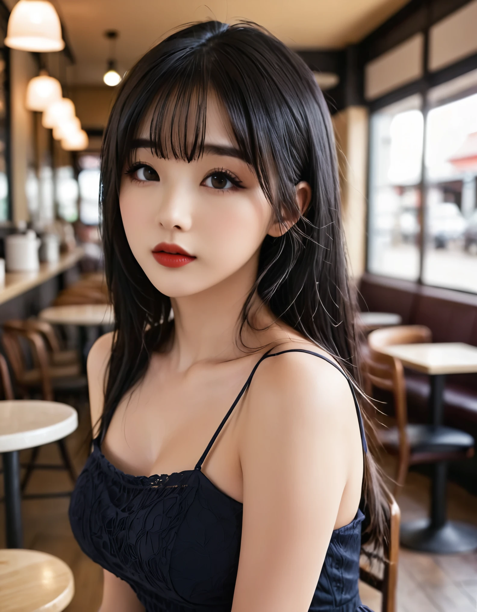 a girl，cute and pretty face，Long straight black hair，Long bangs covering eyes，long eyelashes，(Fine eyes)，small eyes，(half-closed eyes)，(Dark lipstick)，(Dark eyeshadow)，Slim body，Large breasts，Slender limbs，spaghetti strap dress，Inside an old coffee shop，clean focus，shallow Depth of Field，Ultra-detailed faces，very beautiful face，Extremely high texture skin，Look to viewer，little smirk，beautiful legs，seductive，femainine pose，(realistic ，realistic-photo，RAW photo，8K original)，lens flare，film grain，artistic photography，UHD，highres，masterpiece，retina，