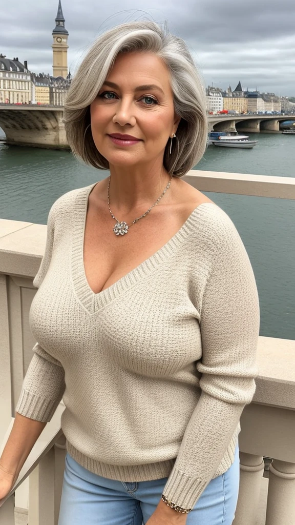 1 mature woman in, age60, Solo, casual hair, curvy body, Looking at Viewer, grayblondehair, Bare shoulders, deep cleavage, Brown eyes, jewely, Full body, a necklace, off shoulders, wearing cream sweater flower motif, Realistic, A sexy, full body, Most beautiful landmark of Europe views