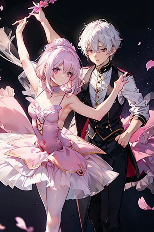 A pink haired woman with violet eyes with an hourglass figure in a ballet uniform with her hair in a bun is posing with a young white haired male ballet dancer with red eyes in a flurry of peony petals