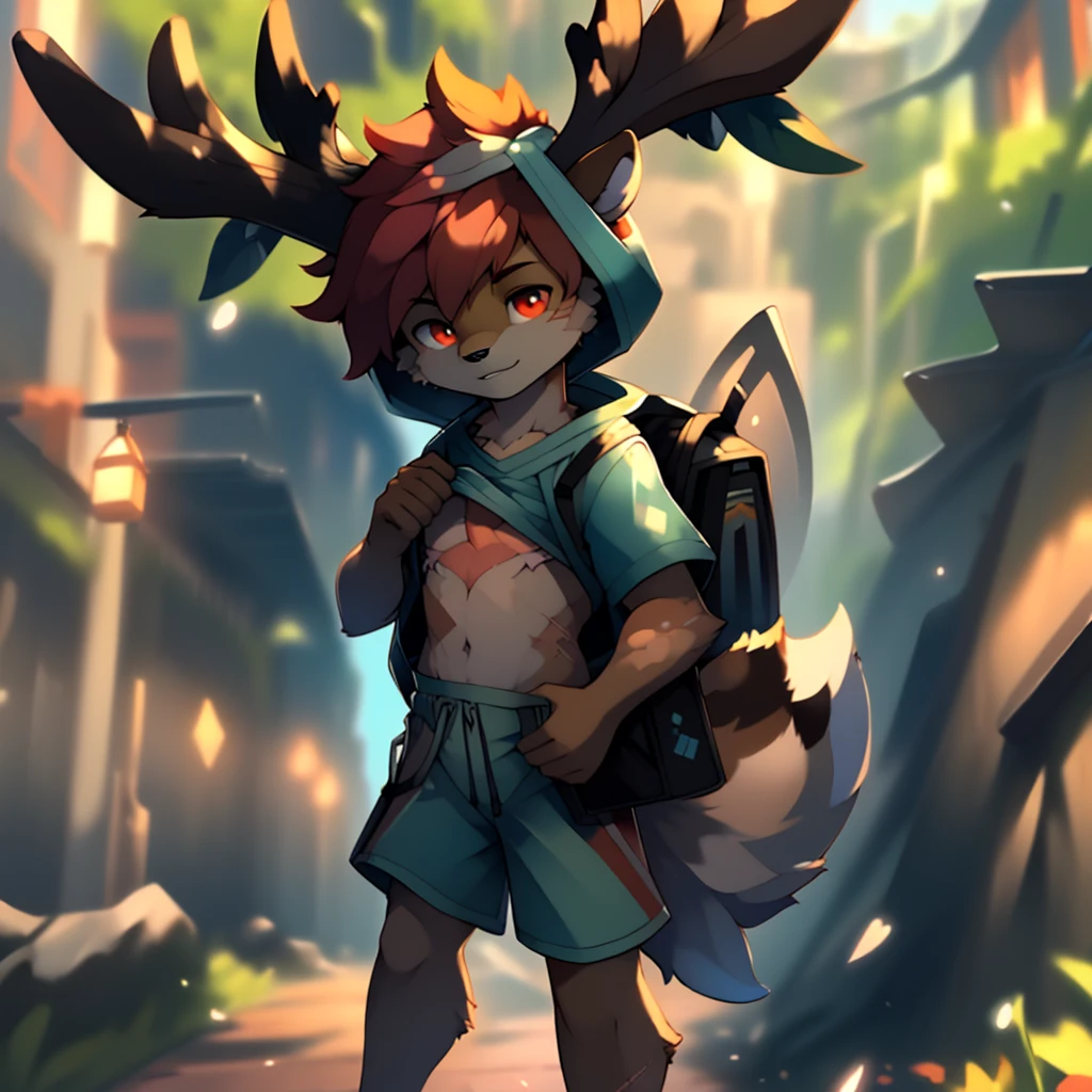 anime, coloredic0n icon Masterpieces, furry, male, solo, detailed eyes, (looks horny):1.3, cute, kemono, by (by Pino Daeni, (by ruaidri), yupa, kiyosan), (white hoodie), ((avatar)), (((full body))), ((( Bright red hair))), furry anthro art, one cute anthro male, furry, (((a half deer half wolf mix with cude deer antlers and a wolf face))), (white fawn spots), red fur, shirtless, taking off his shirt, ((tiny light blue jean shorts)), barefeet, femboy, femboy jock, androgynous, man, male, trans man, ((((top surgery scars)))), backpack, taking of his shirt, slutty, sexy, (((mastectomy scars)))