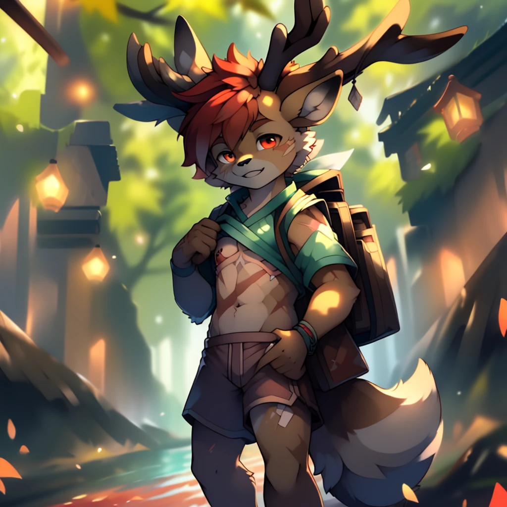 anime, coloredic0n icon Masterpieces, furry, male, solo, detailed eyes, (looks horny):1.3, cute, kemono, by (by Pino Daeni, (by ruaidri), yupa, kiyosan), (white hoodie), ((avatar)), (((full body))), ((( Bright red hair))), furry anthro art, one cute anthro male, furry, (((a half deer half wolf mix with cude deer antlers and a wolf face))), (white fawn spots), red fur, shirtless, taking off his shirt, ((tiny light blue jean shorts)), barefeet, femboy, femboy jock, androgynous, man, male, trans man, ((((top surgery scars)))), backpack, taking of his shirt, slutty, sexy, (((mastectomy scars)))