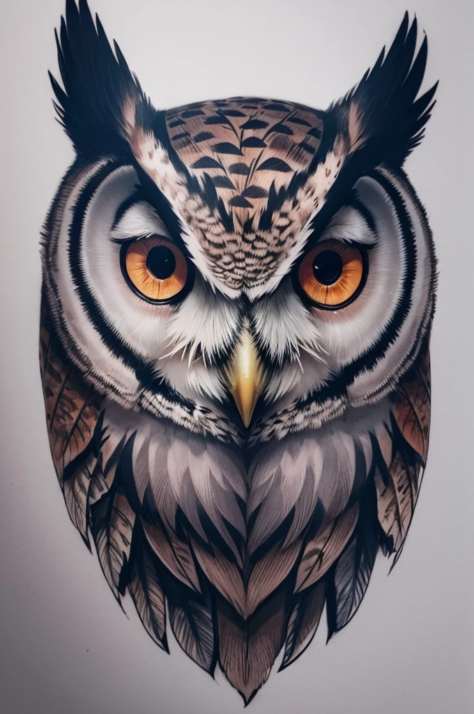 A tattoo design of an owl face with a forest underneath