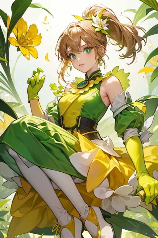 she have a yellow head, a green body, have orange petals around her neck allowing them to parachute and eight green leaves around her waist. she also wear yellow gloves and light brown shoes. SPARKLE; GLITTER