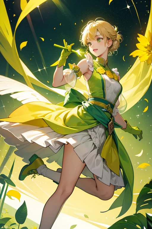she have a yellow head, a green body, have orange petals around her neck allowing them to parachute and eight green leaves around her waist. she also wear yellow gloves and light brown shoes. SPARKLE; GLITTER