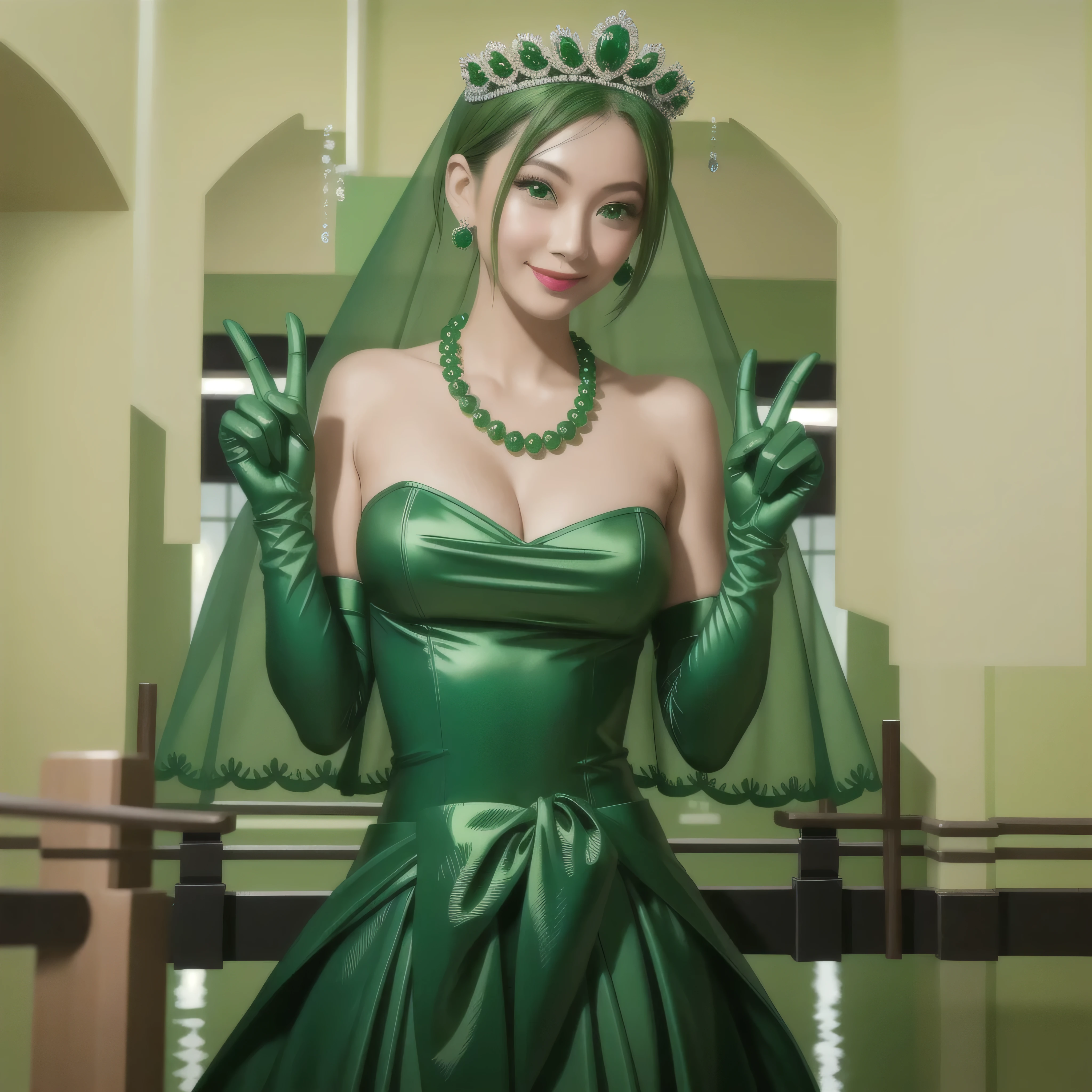 emerald tiara, Green Pearl Necklace, Boyish very short green hair, Green Lips, Smiling Japanese woman, Very short hair, Busty beautiful lady, Green Eyes, Green satin long gloves, Green Eyes, Emerald Earrings, Green veil, Vsain, Green Hair, Beautiful Japanese Woman, green lip gloss