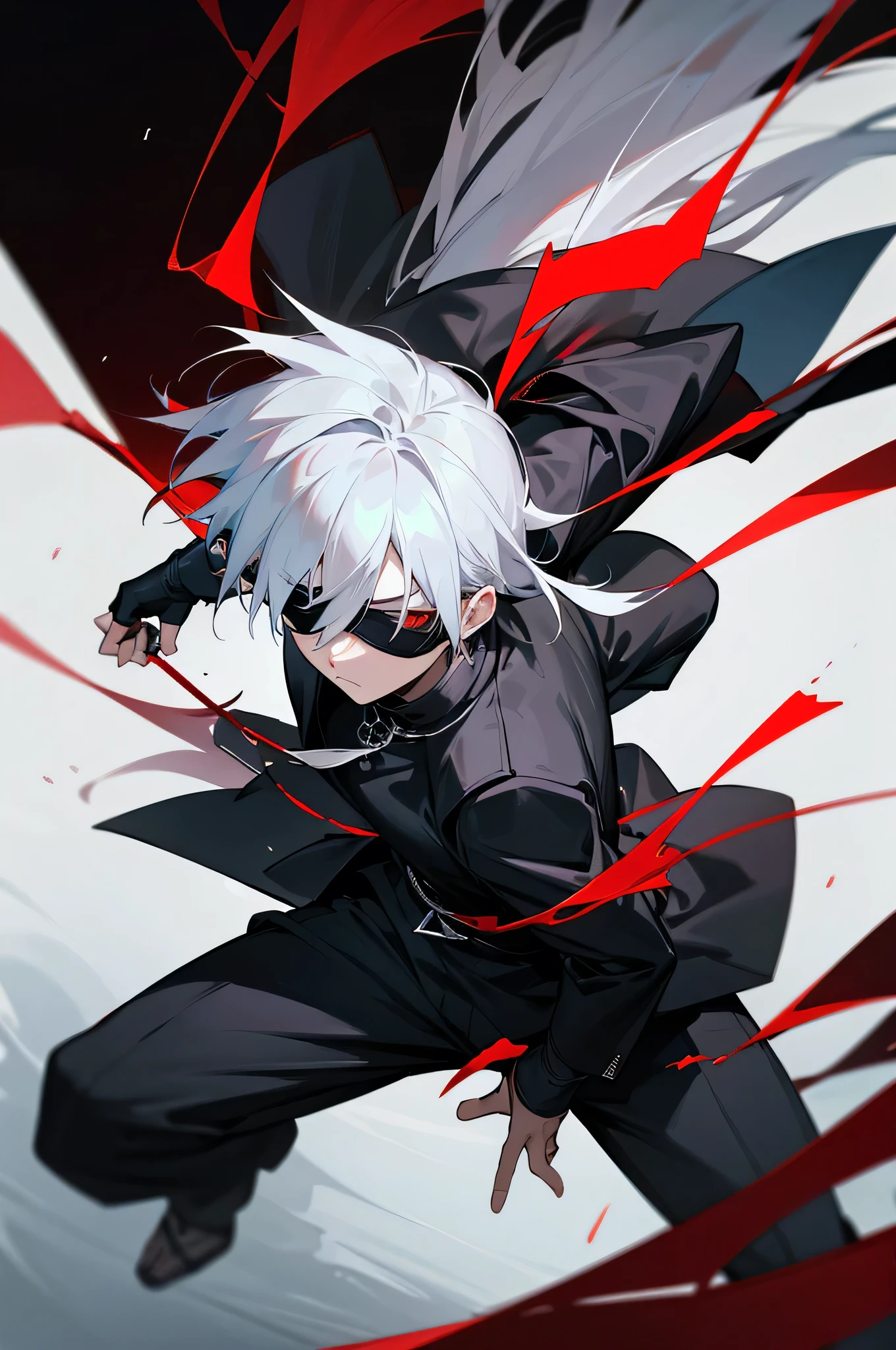 A white-haired anime character with a slightly messy medium-length hairstyle, wearing a black blindfold over his eyes. He is dressed in an open black jacket with red accents, similar to the style seen in Jujutsu Kaisen. Underneath, he wears a dark gray shirt and fitted black pants. The character has a silver chain necklace and black fingerless gloves. He stands in a slightly forward-leaning combat stance, with one hand raised showing the glove and the other holding the edge of his open jacket. The background is a nighttime urban scene with a supernatural vibe