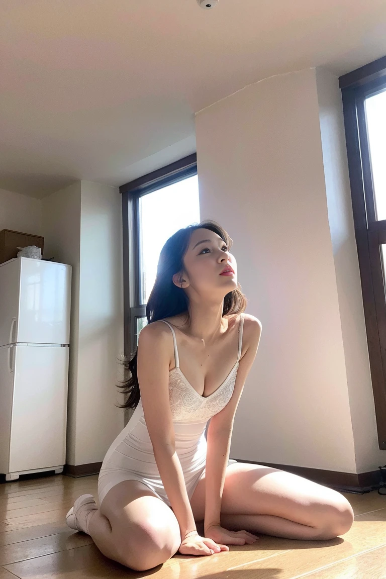 Dark brown hair、Light brown eyes、Japanese actress、 Lady、I am about 40 years old..、(Intricate details:1.2)、(Which one is on top??:1.4)、 (Ultra-high resolution:1.2)、Ultra-high resolution、(Finely tuned)、(Detailed facial features)、Hmph、8K resolution、D cup size breasts、Long Hair、Large windows、Extravagant space、relax、、,Full body photo、Head to toe shot、Beautiful legs、Camisole dress、Beautiful legs、A refreshing room filled with sunlight、she, household items, (plant:0.8), Fashion Hub, Extreme Detail, Very detailed, Realistic, Hourglass-shaped body, Obscene pose,、、私 cry a lot、tears、White wall、White floor、diagonally from below、Please lift your chin、relaxした表情、Pose of Weakness、(auraroid photo:1.2)、From outside the window、A masterpiece of transparent painting、8K、32k、Highest quality、(Details of both eyes)、1 Girl、elegant、(ballerina :1.4)、sunset、sit、(Low Angle、私 look up and see this:1.2)、Hilarious、Looking at the camera、ballerinaのストレッチのポーズ、Leaning against the window、