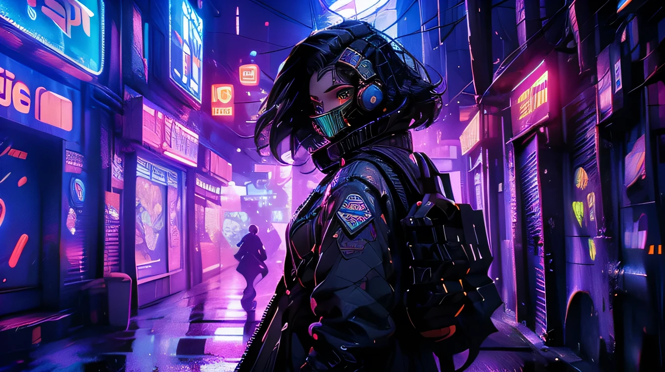 full body artwork, intrikate raw photography) cyberpunk citizen in oversized technological clothing, with a rabbit-shaped mask with neon details, segurando arma futurist, wearing a black daftpunk astro style helmet, neon light details, intrikate, futurist, sharpening, segurando a arma futurist na mão, Cidade futurist ciberpunk, neon lights, photo of the year, octane rendering, substance, Maia Modelo 3D, cinema4d, ArtStation Trends, Deviant Art Trends
