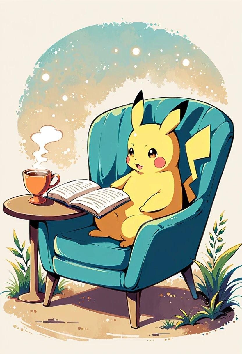  illustration of Pikachu relaxing in a cozy chair while reading a book. Pikachu should be sitting comfortably with a book open on its lap. Include a warm, inviting background with a small table holding a cup of tea and a soft blanket draped over the chair. The atmosphere should be peaceful and cozy.