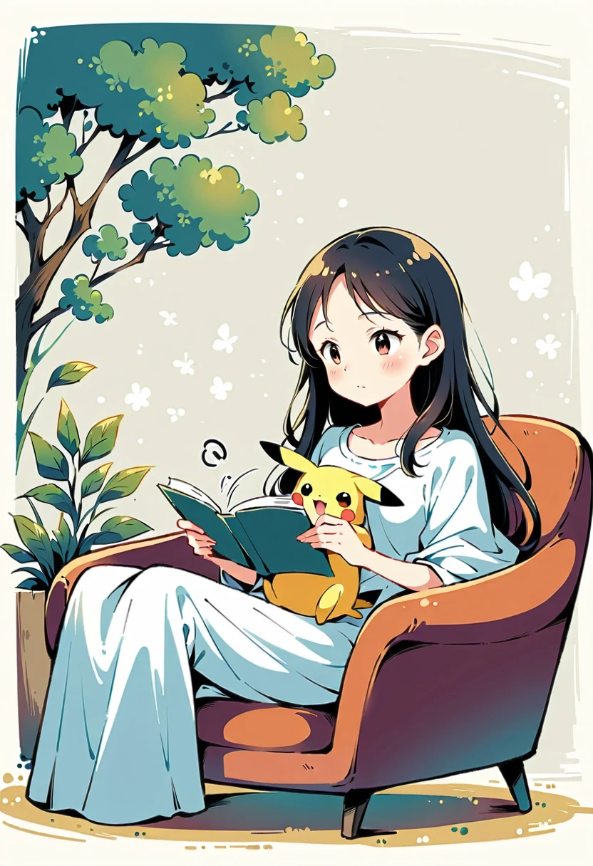 illustration of Pikachu relaxing in a cozy chair while reading a book. Pikachu should be sitting comfortably with a book open on its lap. Include a warm, inviting background with a small table holding a cup of tea and a soft blanket draped over the chair. The atmosphere should be peaceful and cozy.