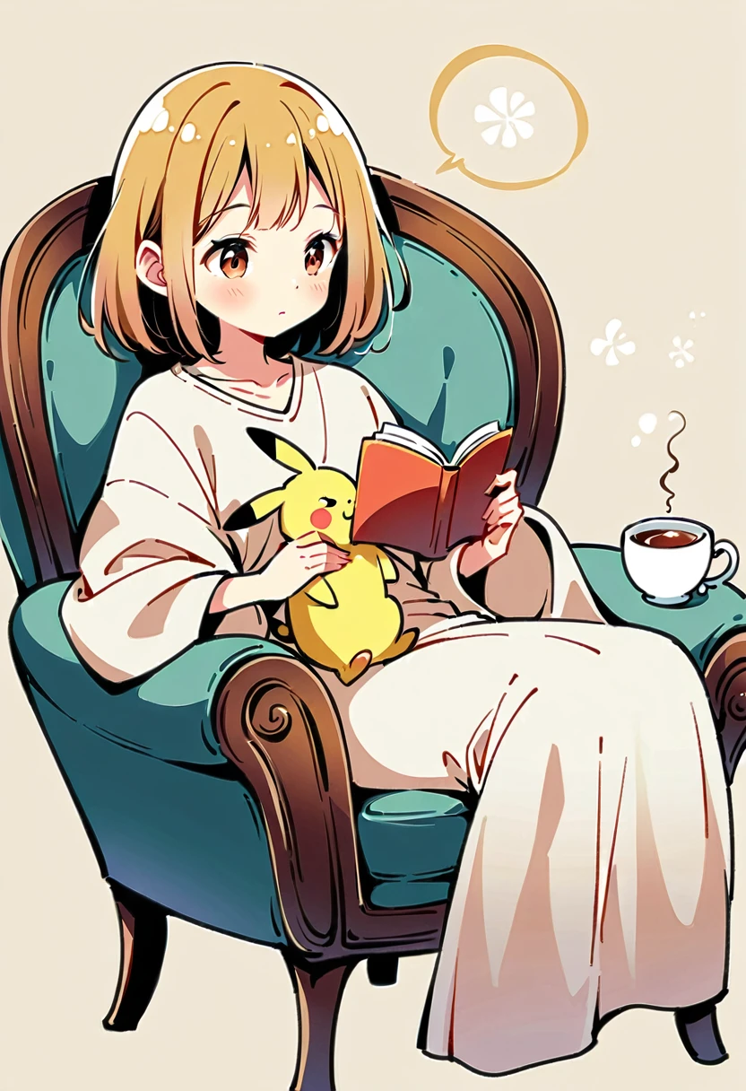 illustration of Pikachu relaxing in a cozy chair while reading a book. Pikachu should be sitting comfortably with a book open on its lap. Include a warm, inviting background with a small table holding a cup of tea and a soft blanket draped over the chair. The atmosphere should be peaceful and cozy.