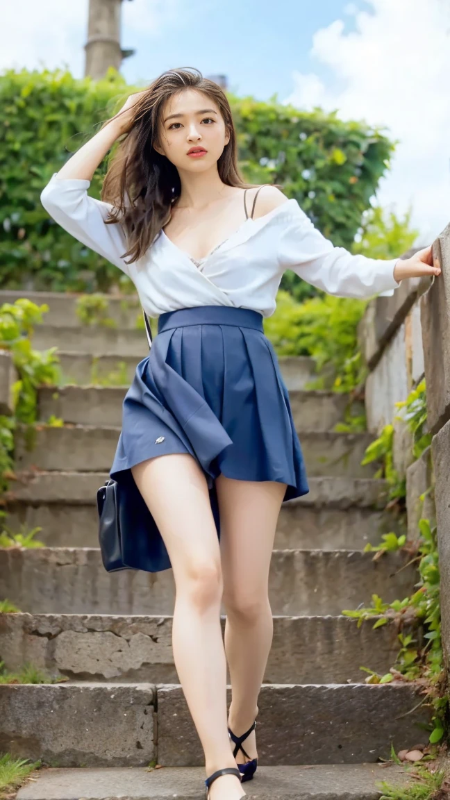 ((Viewing angle from below、Highest quality、masterpiece、32k、Every detail))、Descend the outdoor stairs、commute、Systemic symptoms、Traditional navy blue sailor uniform、White blouse、Pleated skirt、(((A strong wind blows my hair and skirt away:1.62)))、(( I always wear the strap of my bag across my body......:1.22))、One Girl, alone、(((mini skirt, No underwear:1.22)))、Big Breasts、barefoot, High heels