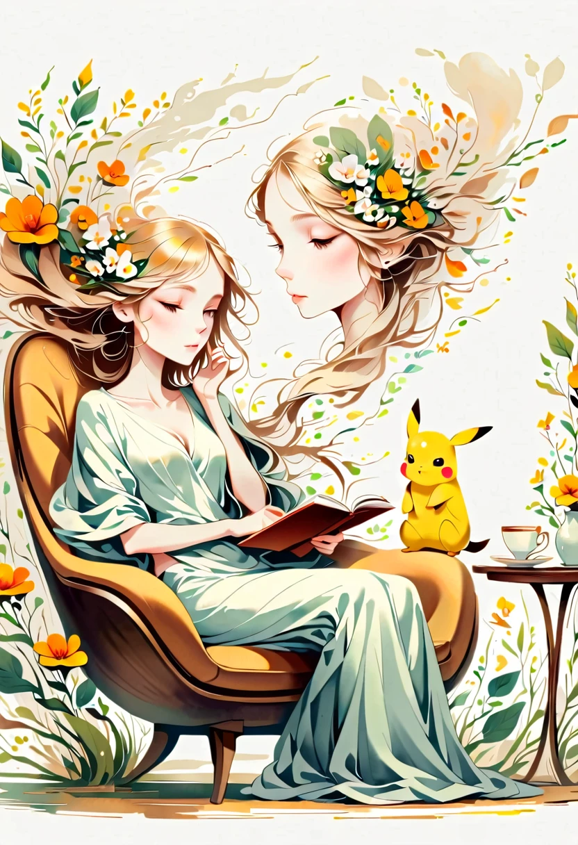 illustration of Pikachu relaxing in a cozy chair while reading a book. Pikachu should be sitting comfortably with a book open on its lap. Include a warm, inviting background with a small table holding a cup of tea and a soft blanket draped over the chair. The atmosphere should be peaceful and cozy.